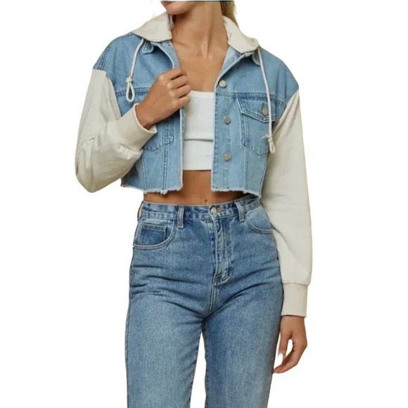 Blue Blush Jackets & Blazers - Blue Blush Detachable Hoodie Crop Contrast Cream Sleeves Denim Jacket Sz Small